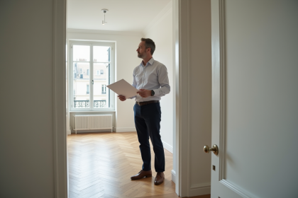 Homme d'affaires tenant un document devant un appartement vide