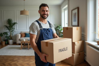 Agent de déménagement portant une caisse fragile dans un appartement moderne