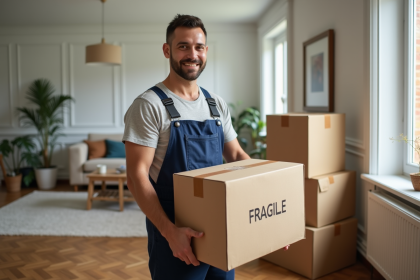 Agent de d&eacute;m&eacute;nagement portant une caisse fragile dans un appartement moderne