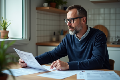 Homme d'&acirc;ge moyen examine des documents fiscaux dans un appartement