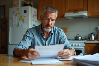 Homme d'âge moyen consulte des papiers à la maison