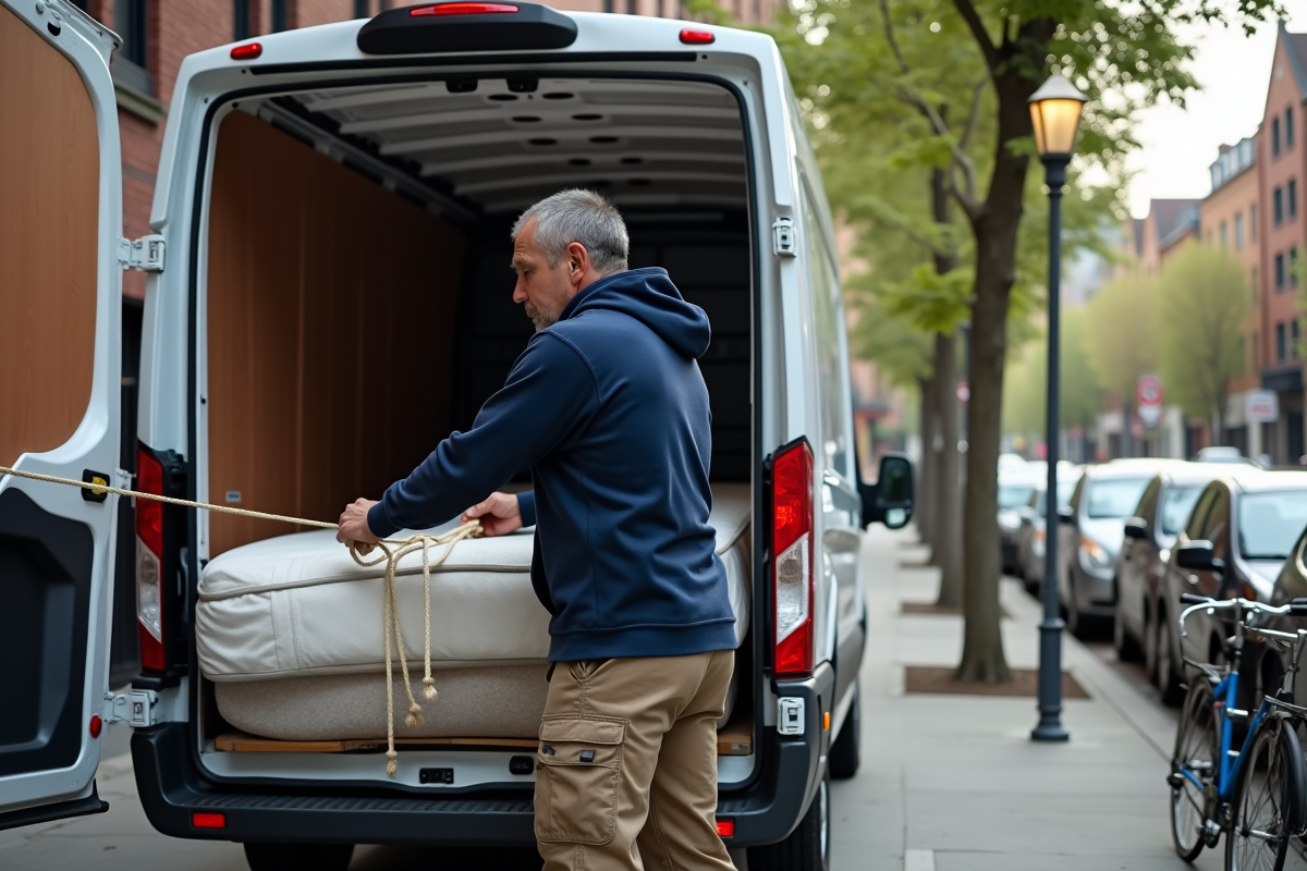 Homme attachant un matelas dans une camionnette en ville