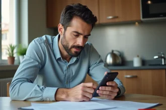 Homme d age en cuisine lisant documents et smartphone