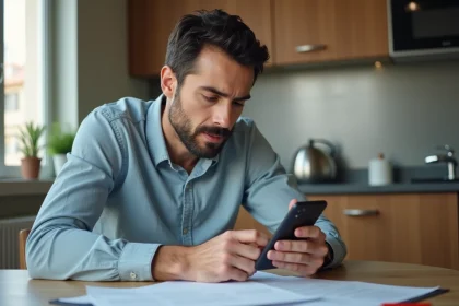 Homme d age en cuisine lisant documents et smartphone