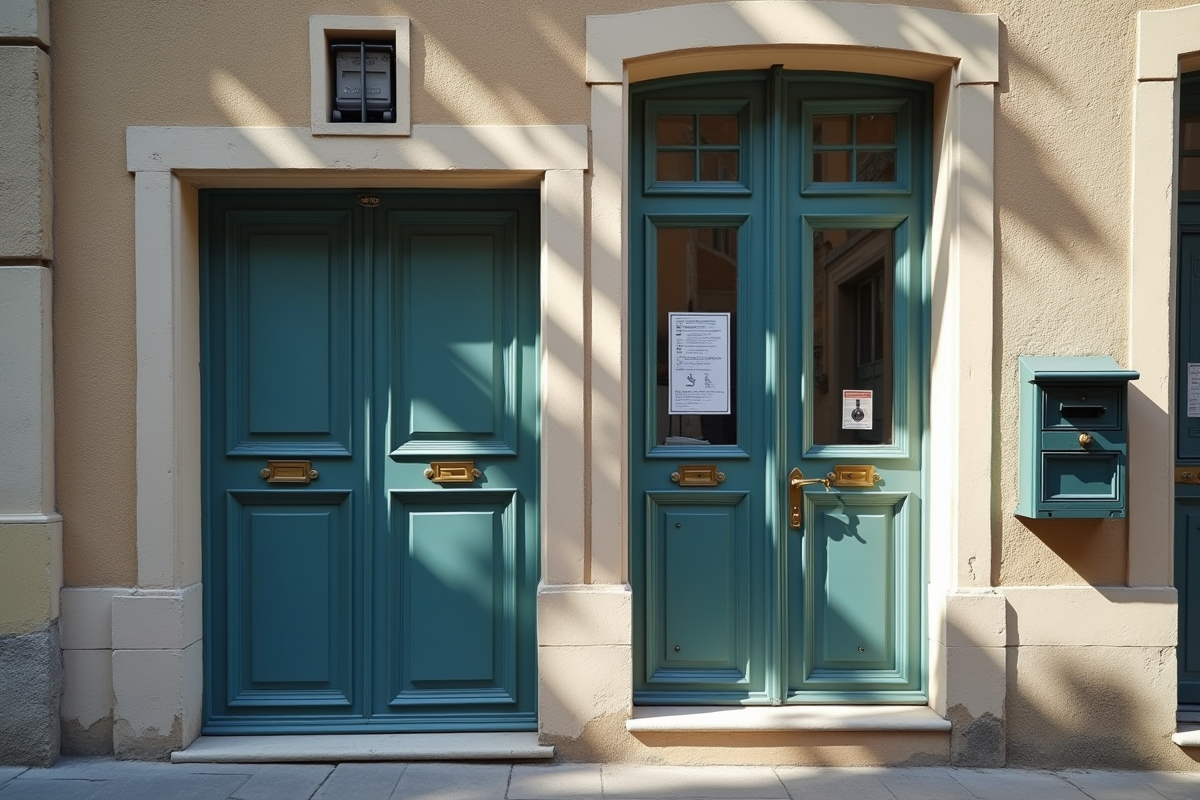 Façade d un immeuble ancien avec boîtes aux lettres et ciel bleu