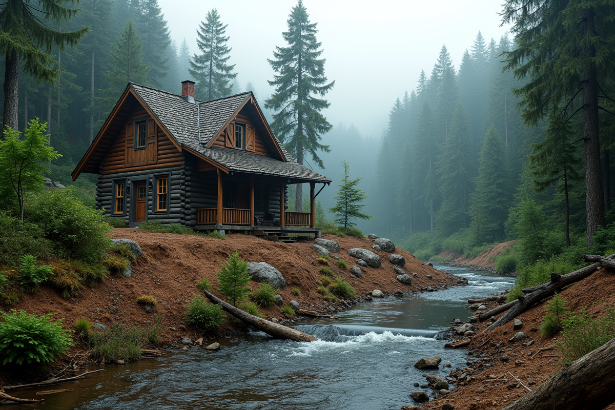 Maison en bois dans la forêt avec pollution et déforestation visible