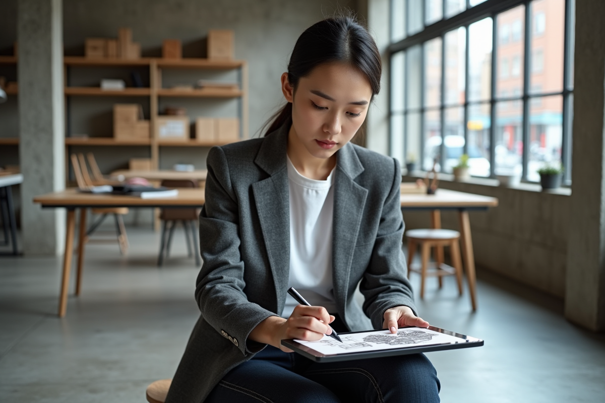 Jeune architecte analysant un modèle 3D avec tablette