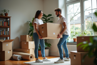 Jeunes adultes riant en portant une boîte dans un appartement