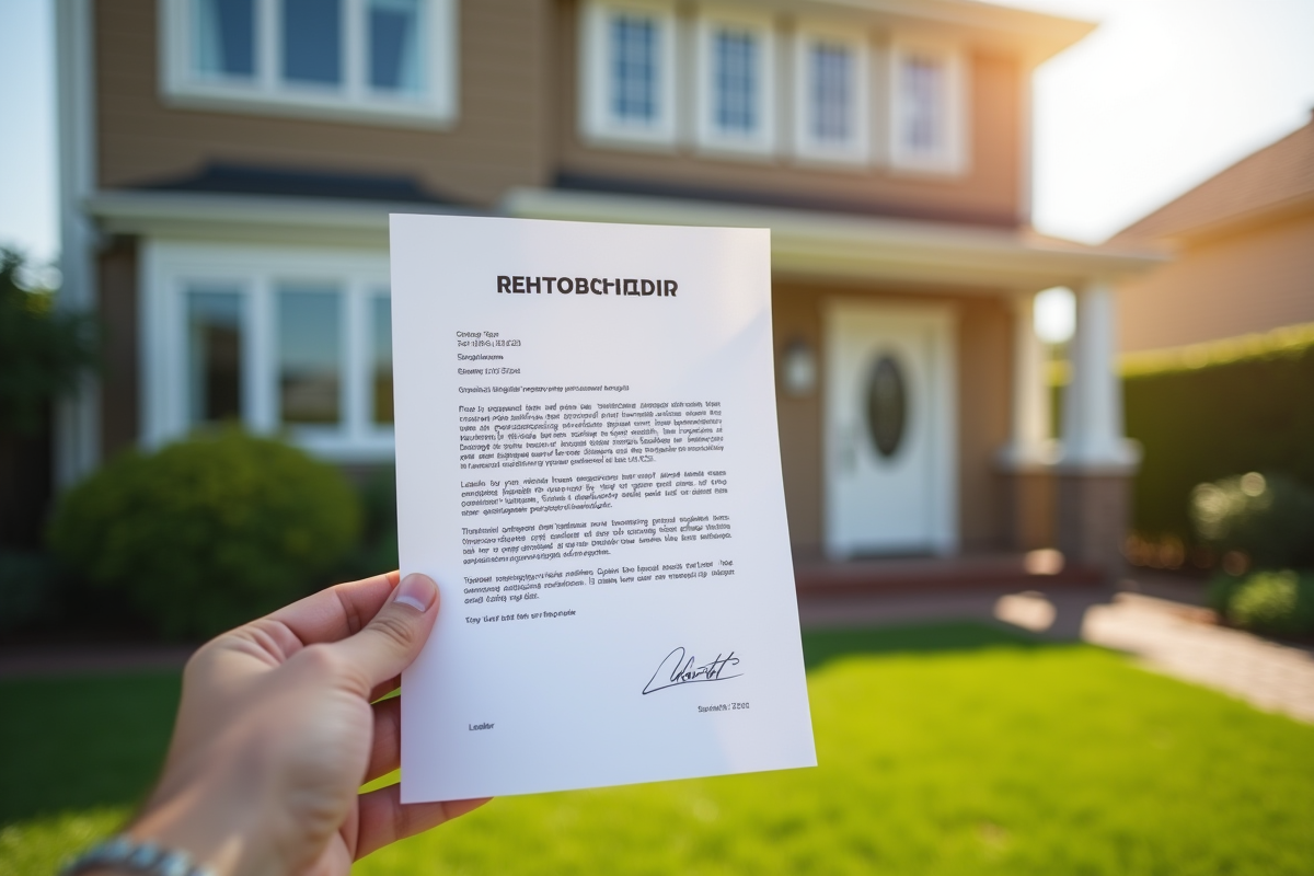 Main tenant une lettre d approbation de subvention devant une maison fraîchement peinte