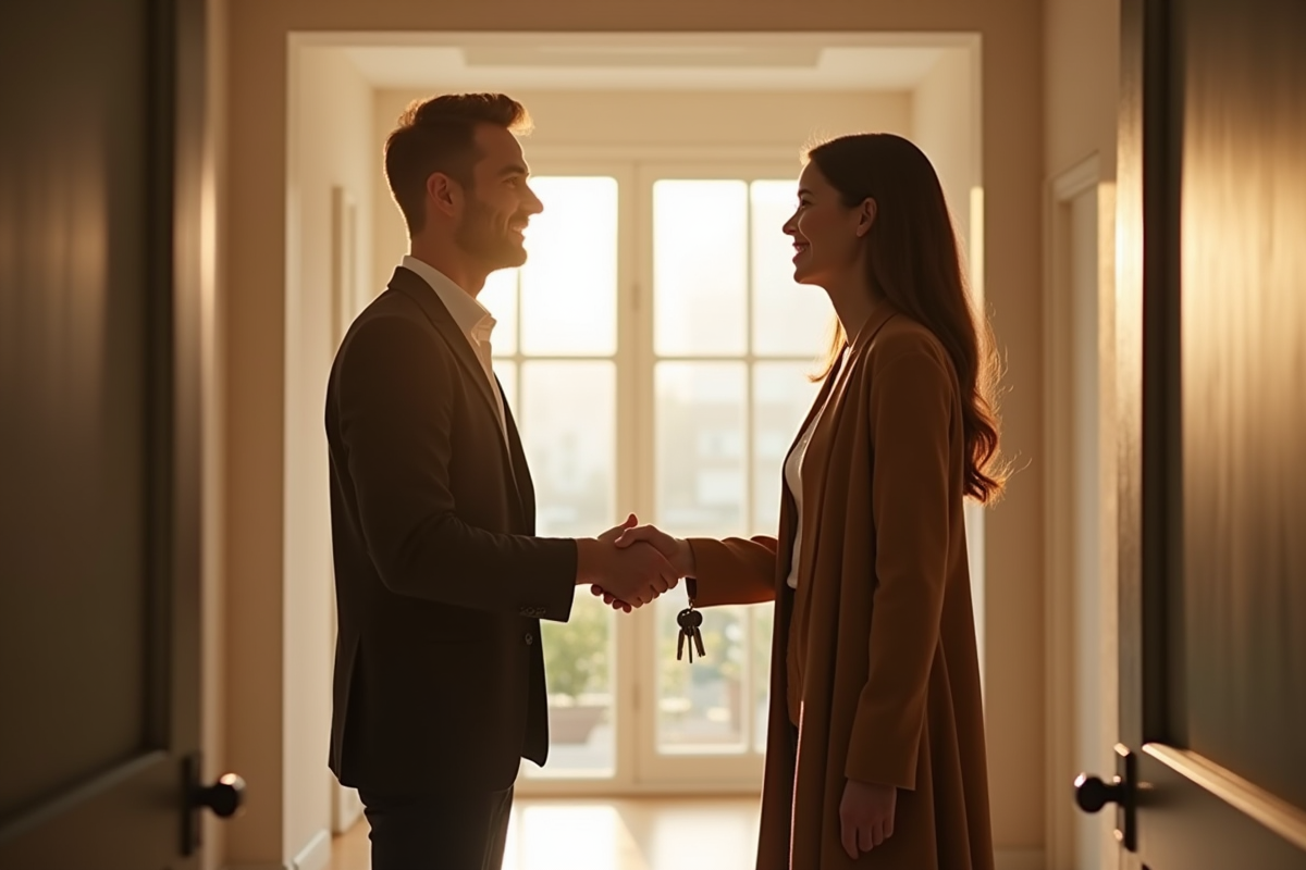 Locataire et garant se serrant la main devant l appartement loué