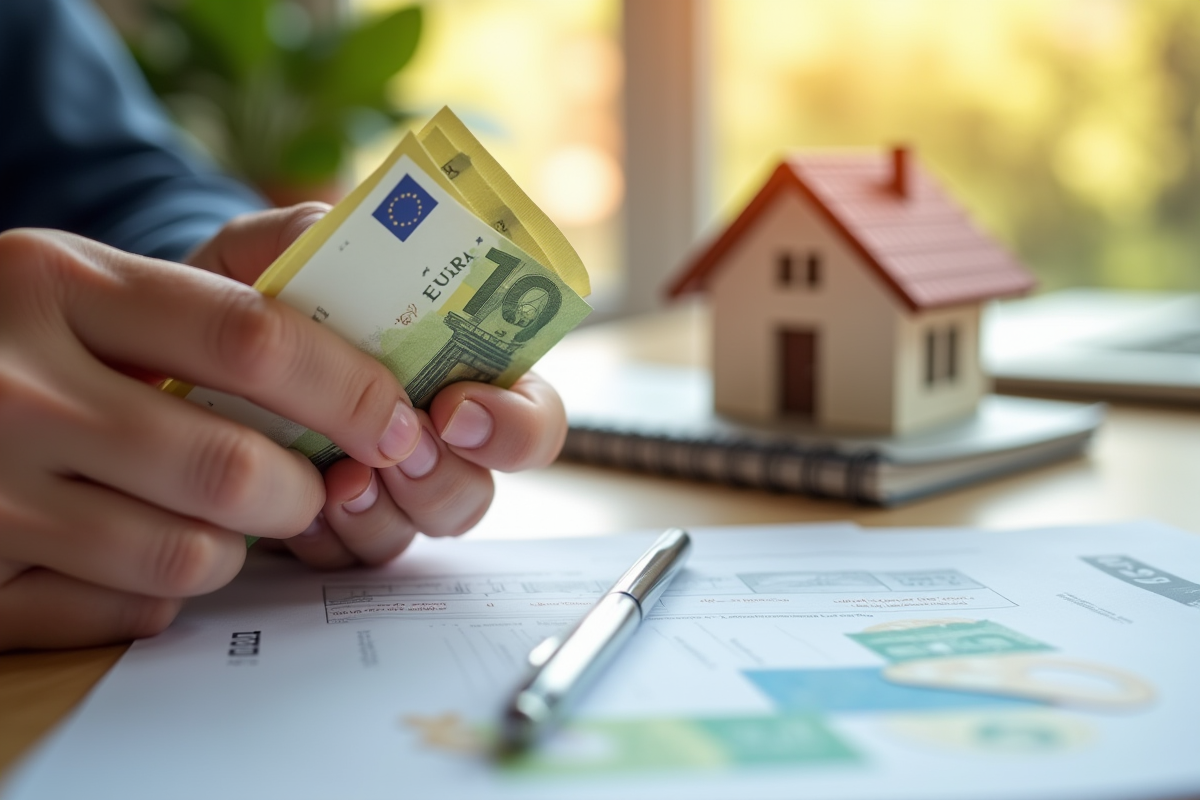 Mains tenant des billets et une petite maison en modèle pour gestion financière