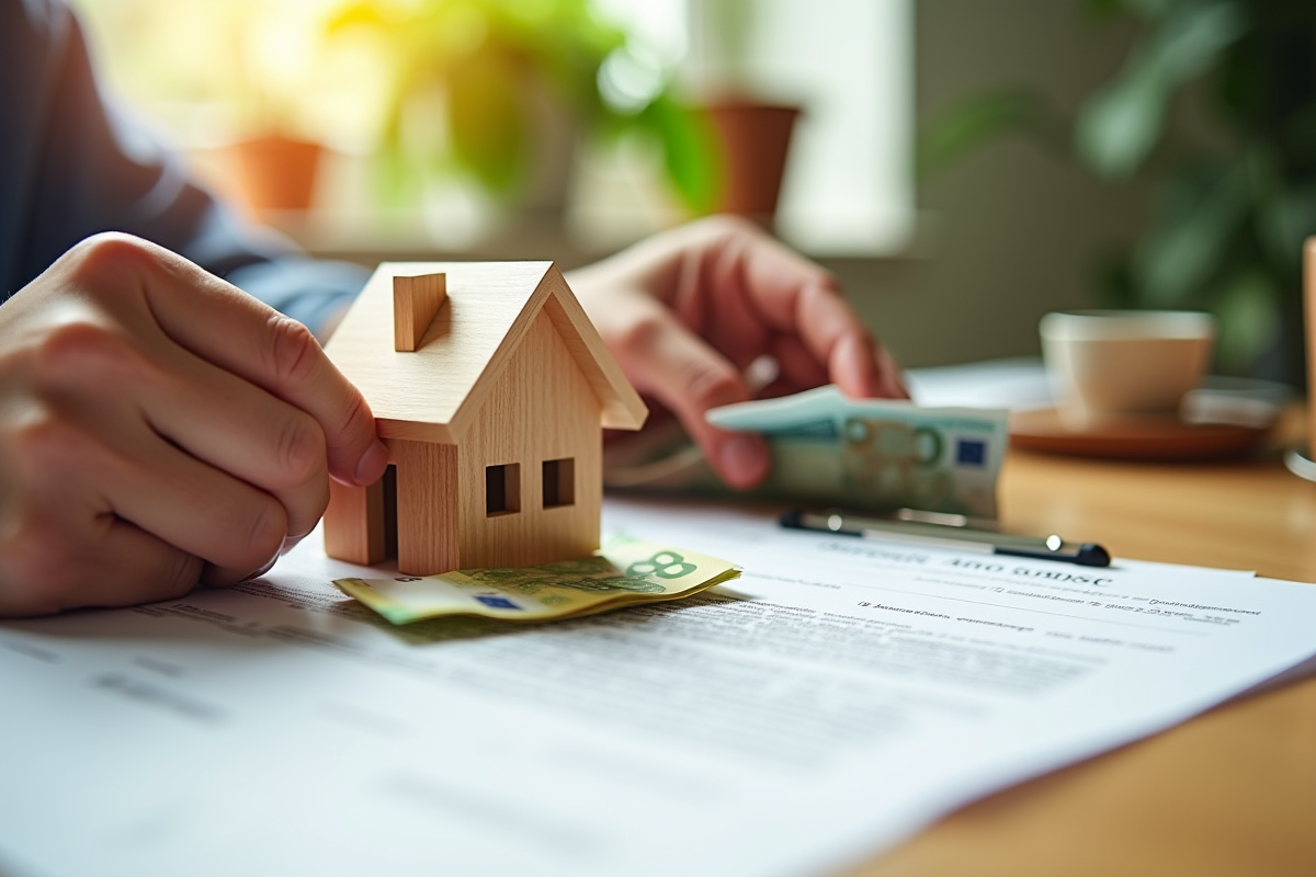 Mains tenant une maison miniature et des billets d euros sur un bureau ensoleille