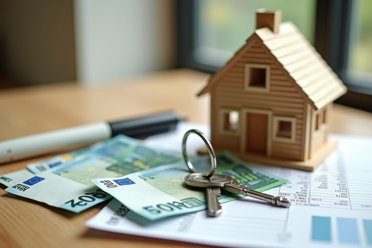 Modèle de maison entouré de billets et clés sur une table en bois