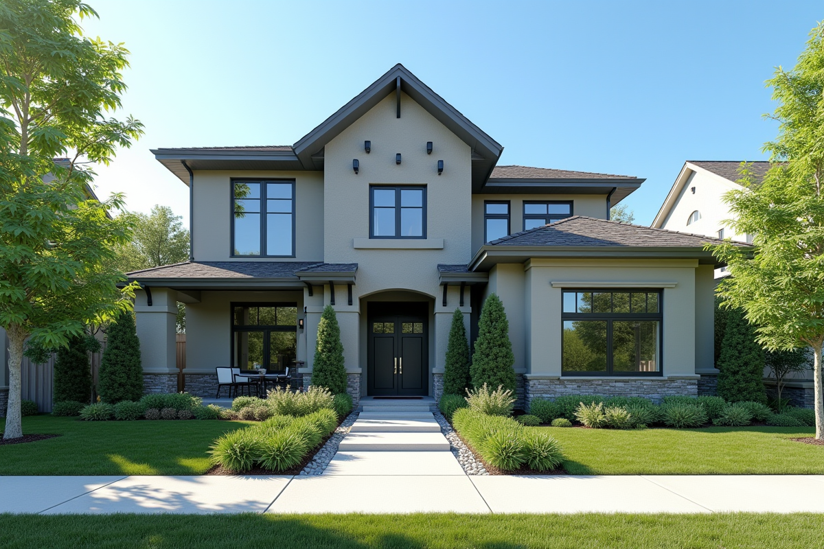 Maison modernisée avec nouvelle façade et jardin verdoyant en avant
