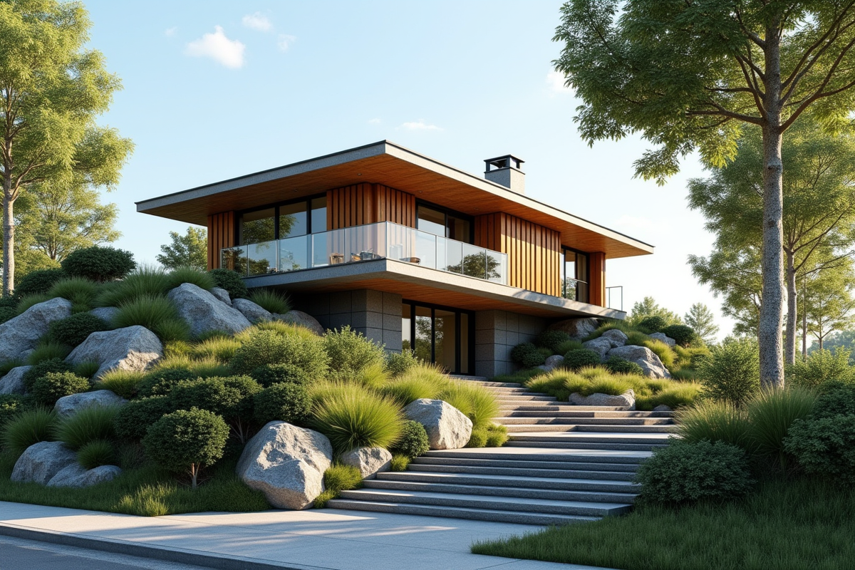 Maison contemporaine sur terrain en pente avec jardin paysager