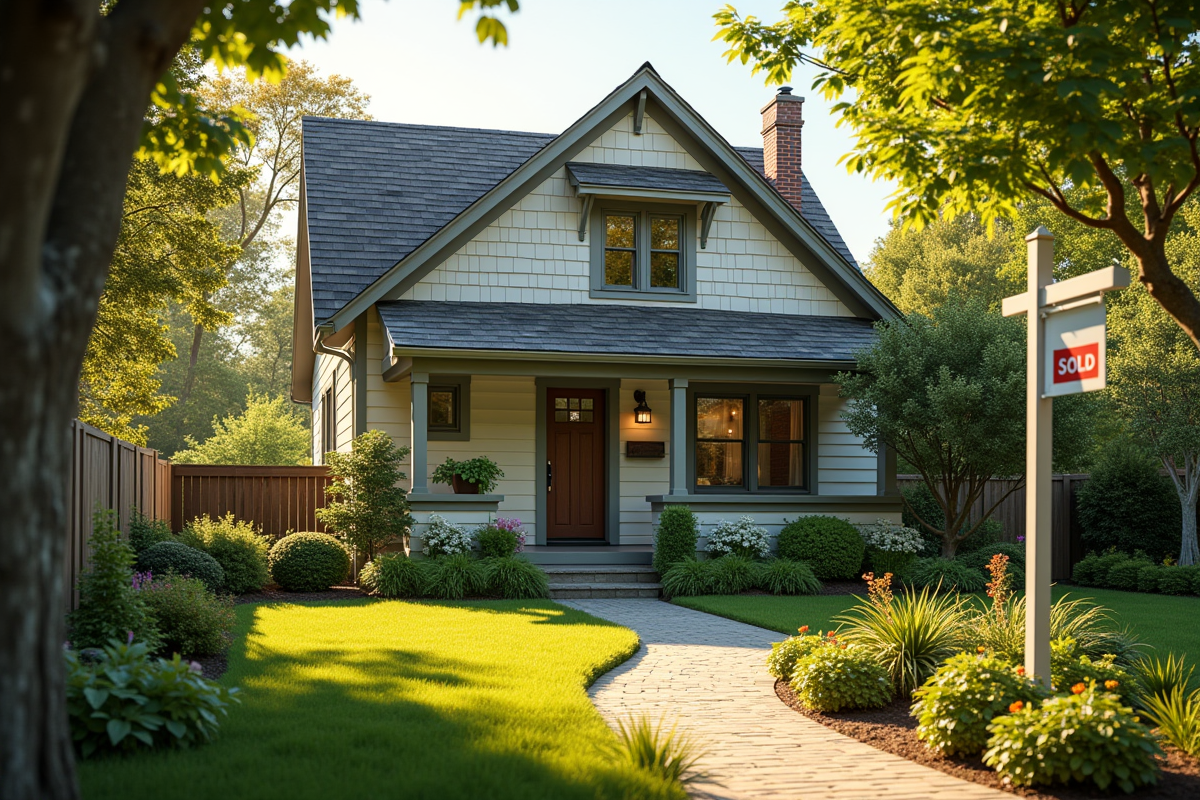 Belle maison avec jardin et panneau vente vendu au soleil matin