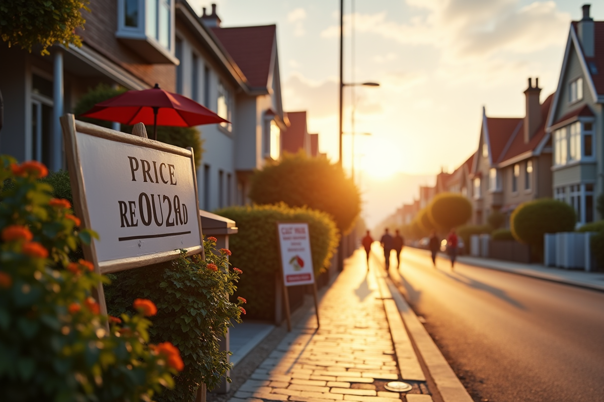 Rue avec panneaux a vendre et soleil du matin avec passants