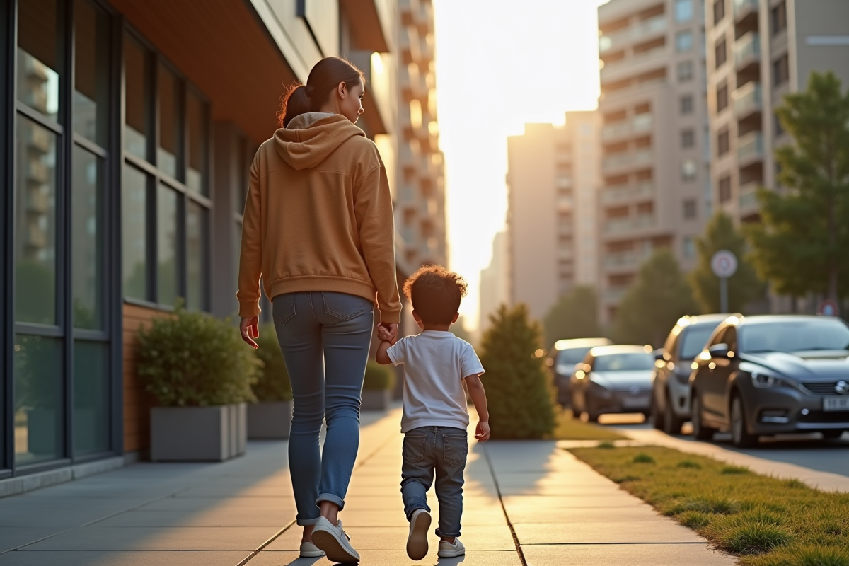 Maman seule devant un bureau logement abordable avec son enfant