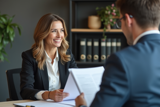 Femme d affaires et jeune homme examinant des documents de bail