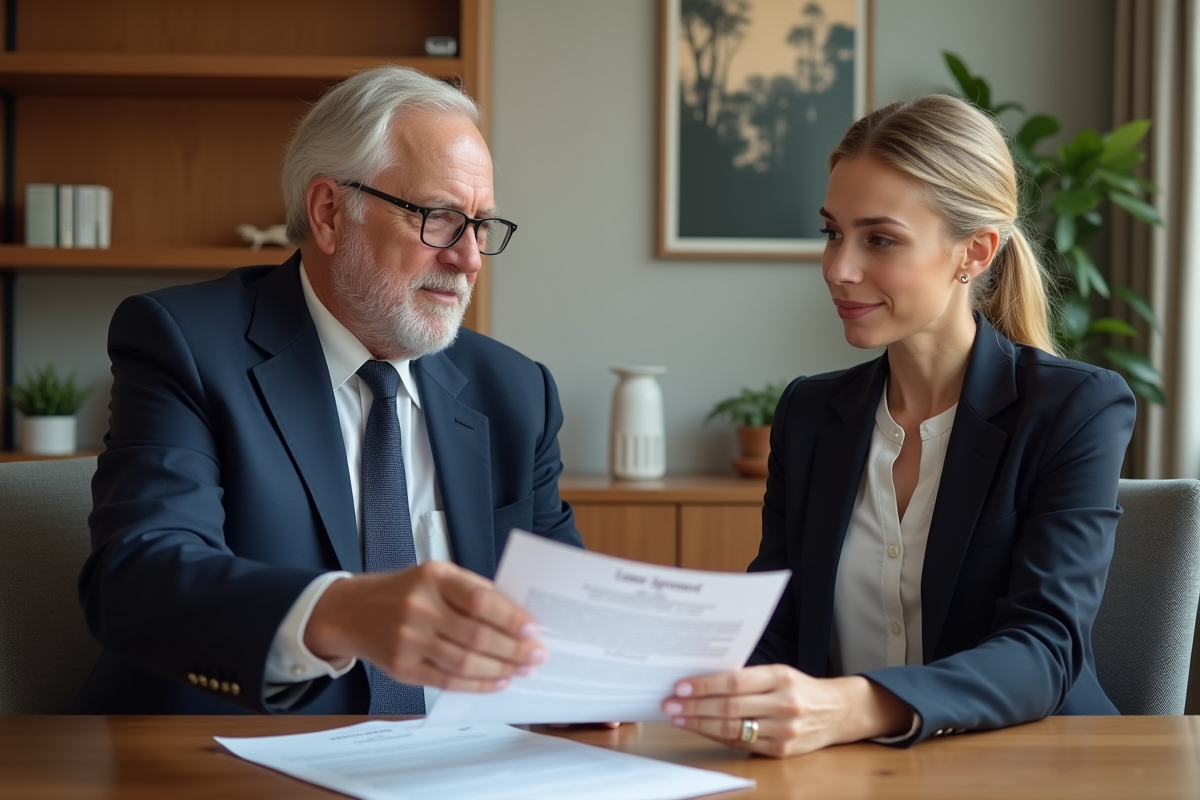 Notaire remettant un contrat de bail à une jeune professionnelle