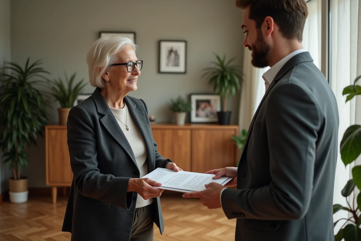 Notaire remet un document officiel à un homme dans un salon chaleureux