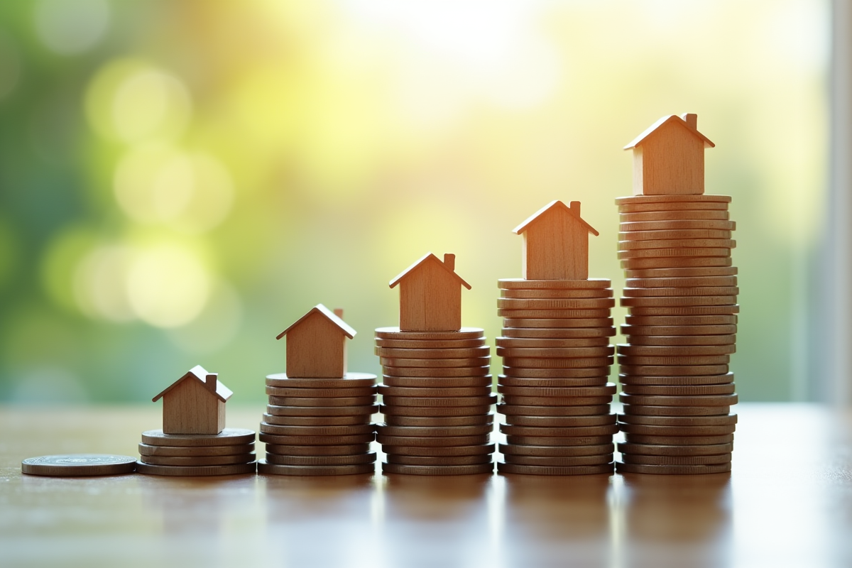 Pièces empilées formant un graphique immobilier en croissance