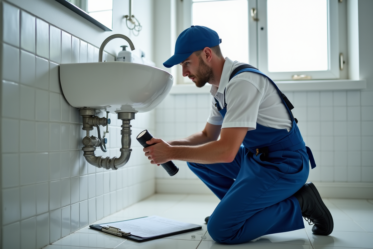 Plombier professionnel inspectant les tuyaux sous un lavabo