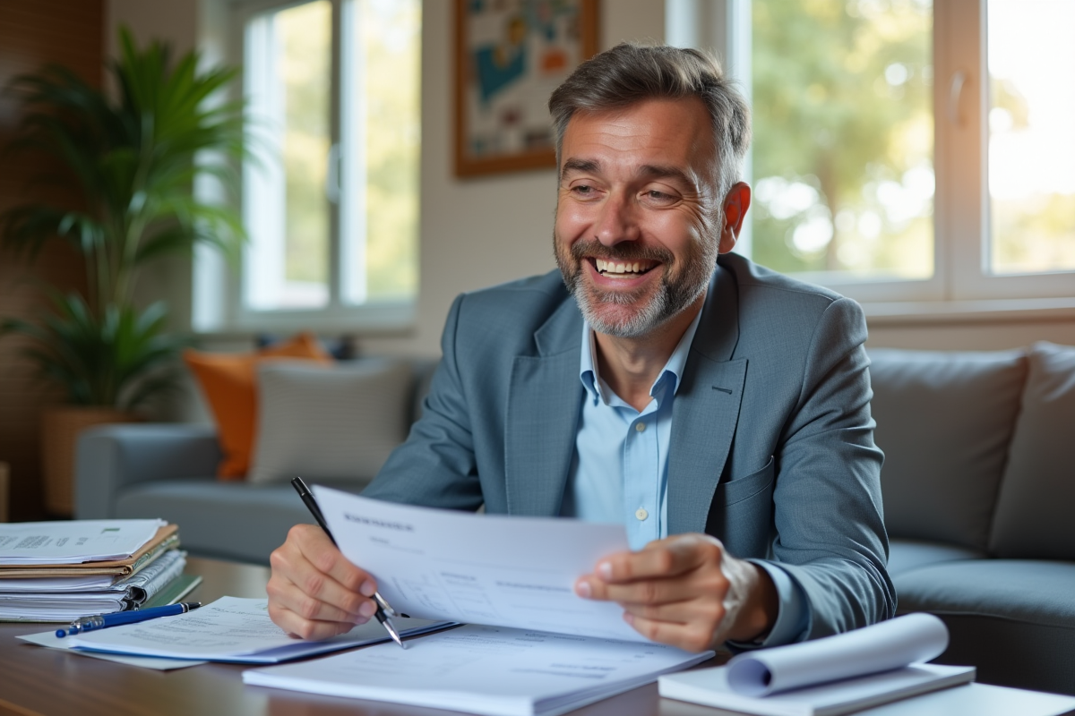 Propriétaire vérifiant ses factures dans un salon lumineux