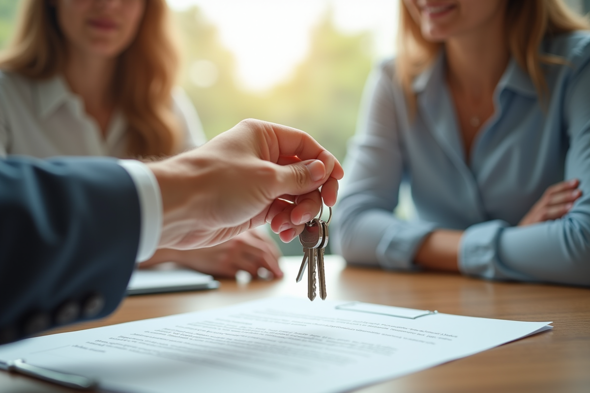 Agent bancaire remettant les clés à une jeune femme dans un bureau lumineux