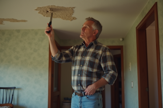 Hommes répare un plafond ancien dans un salon rétro