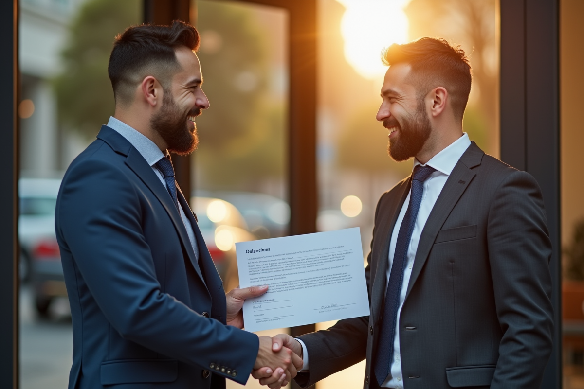 Proprietaire et locataire se serrant la main devant l appartement