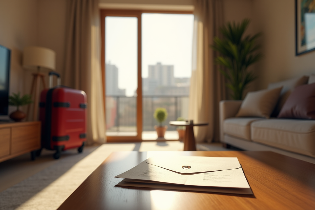 Salon moderne avec bagages et contrat de location sur la table