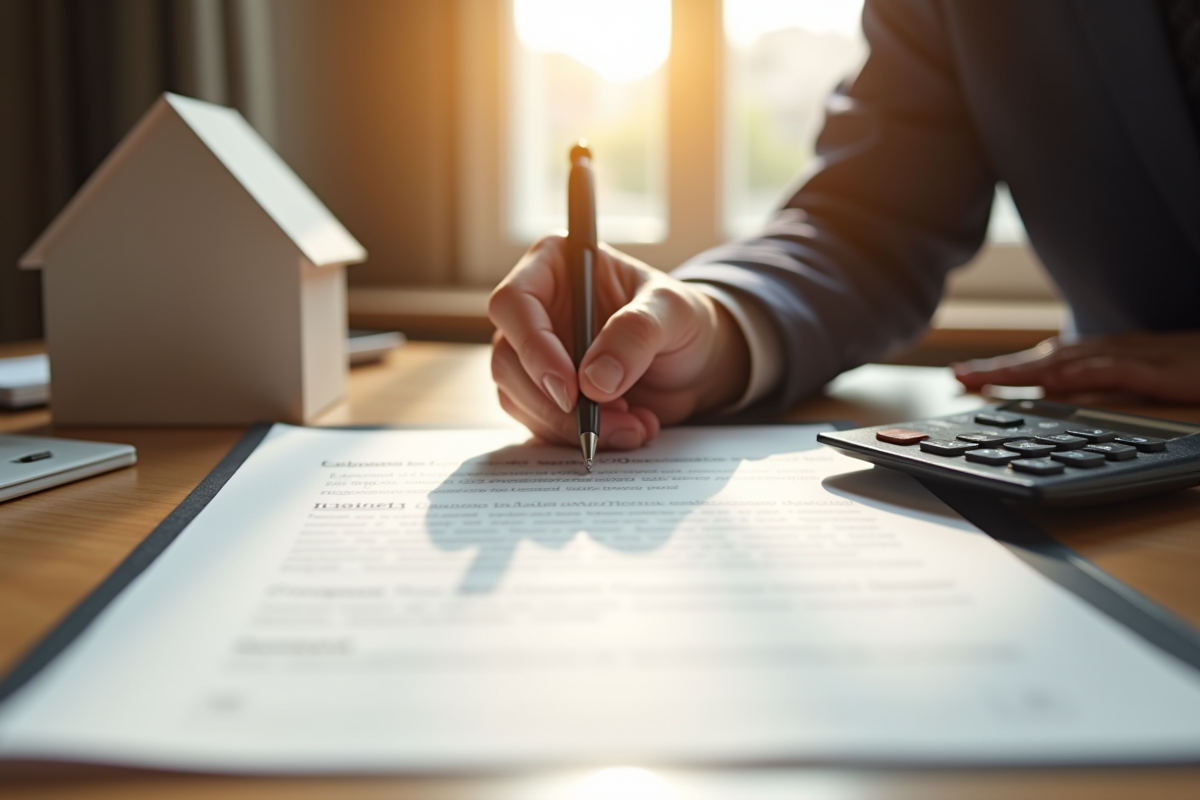 Main signant un document légal avec maison miniature et calculatrice