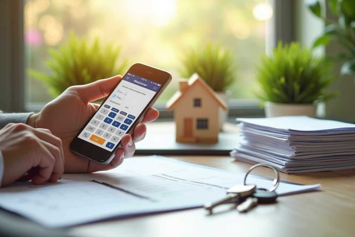 Main tenant un smartphone avec calculateur de prêt immobilier sur un bureau ensoleille