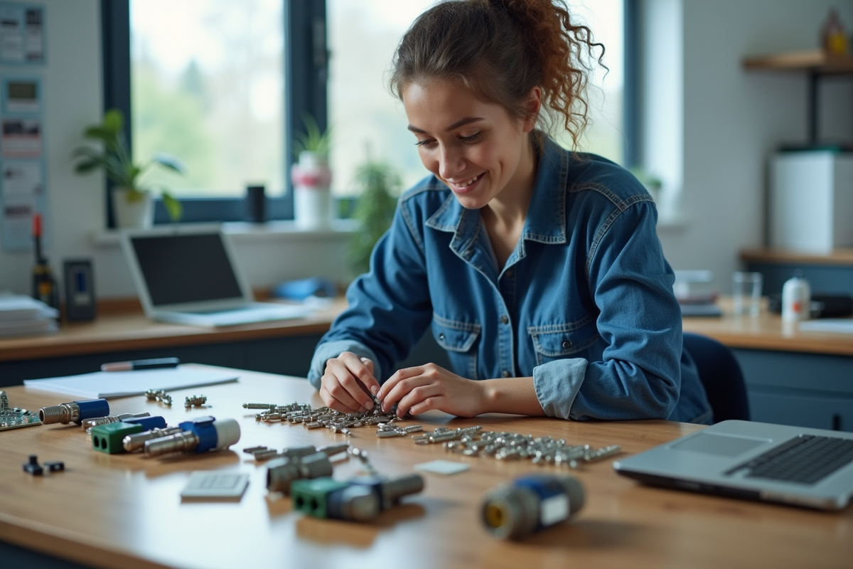 Jeune technicienne examine des connecteurs électroniques