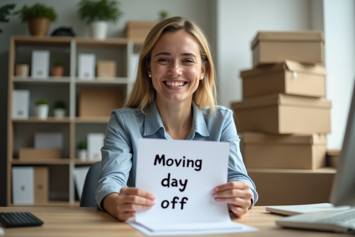 Employe relaxe avec un panneau jour de demenagement dans un bureau