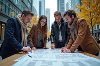 Groupe d'urbanistes examinant des plans en extérieur